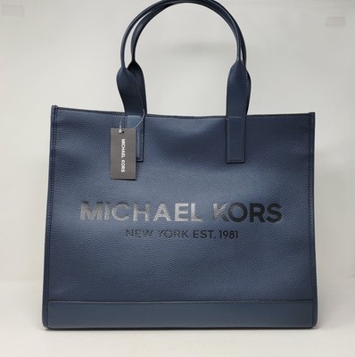 Michael Kors Cooper Men MK Logo Embossed Structured Pebble Leather Navy Tote