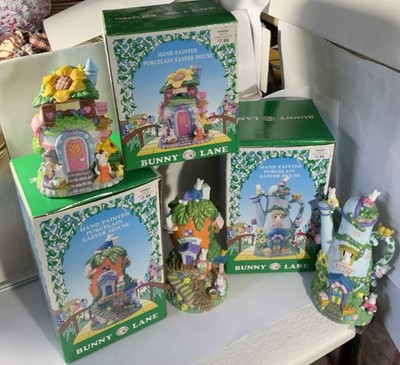 3 Vintage Easter Bunny Lane Porcelain Easter Houses 6  & 2 Are 9  New In Box