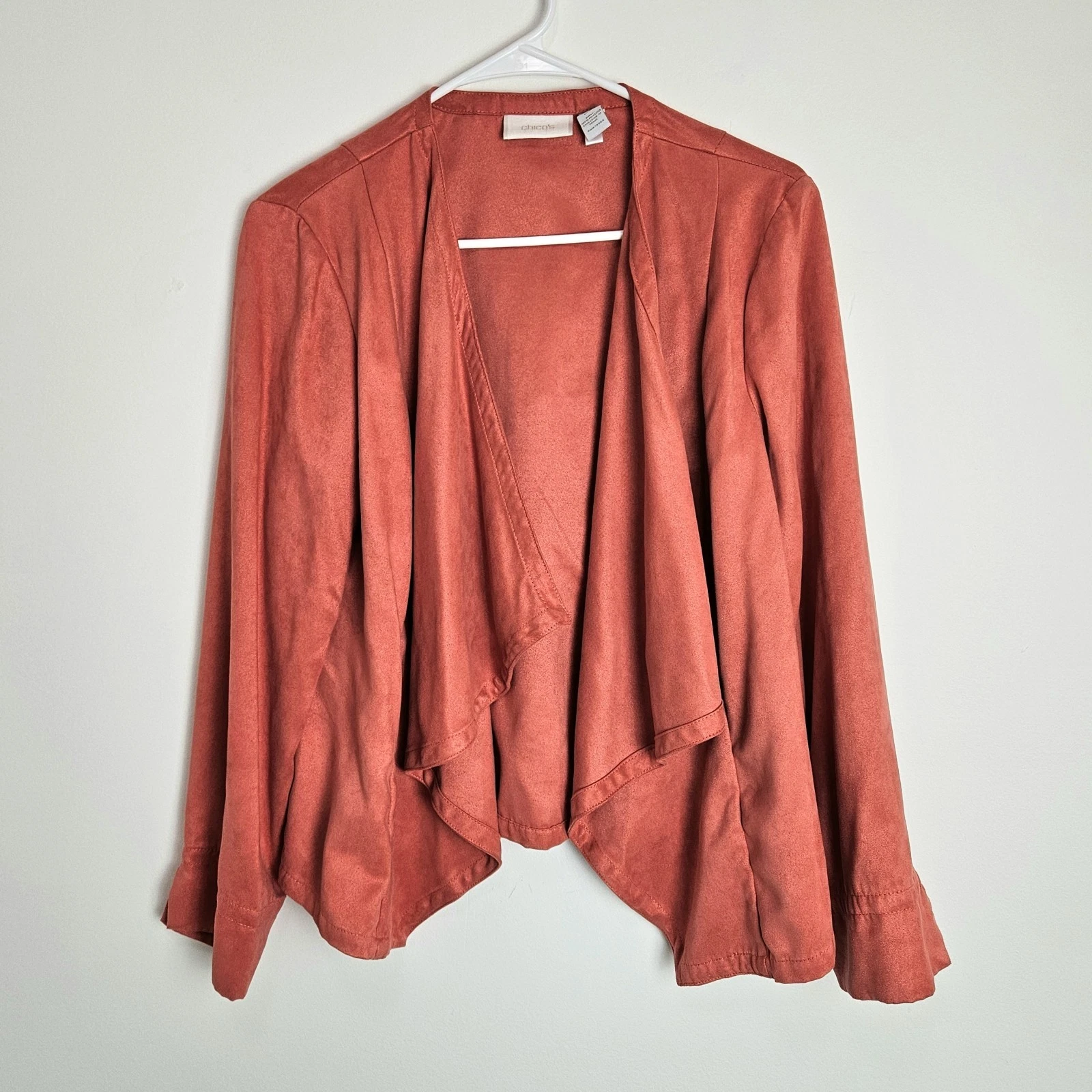 VETEMENTS Giacca Chicos taglia 1 US M ecopelle scamosciata aperta cascata maniche lunghe arancione corallo scuro