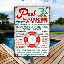 Swimming Pool Rules For Drinker And Dummies Metal Sign, Decoration Outdoor