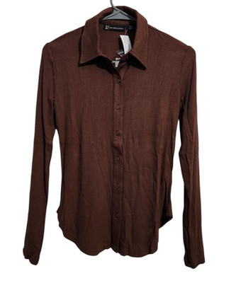 New York & Company NY&C Womens XS Button-Up Top Mini-Ribbed Shirt Long Sleeve