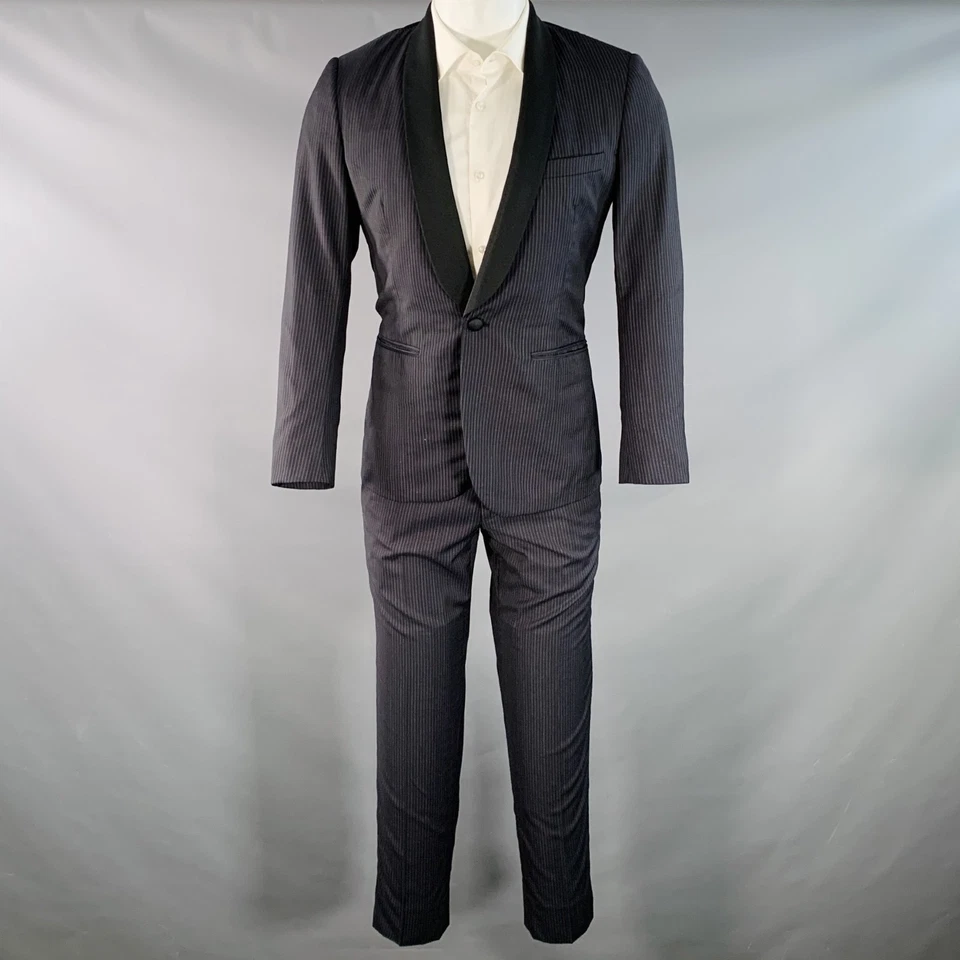 BAND OF OUTSIDERS Size 38 Regular Navy Black Stripe Wool Shawl Lapel Tuxedo - Image 2 of 4
