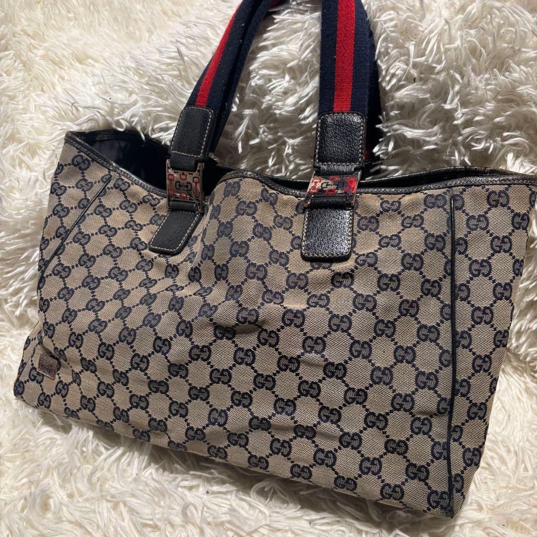 Borsa a mano Gucci GG Canvas Sherry Line Navy Tote grande compatibile con lap...