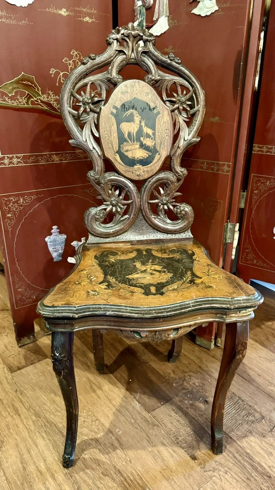 Antigua Silla de Salón Musical Renacimiento Alemán Negro Bosque Marquetería C 1880 Foto 4 de 4