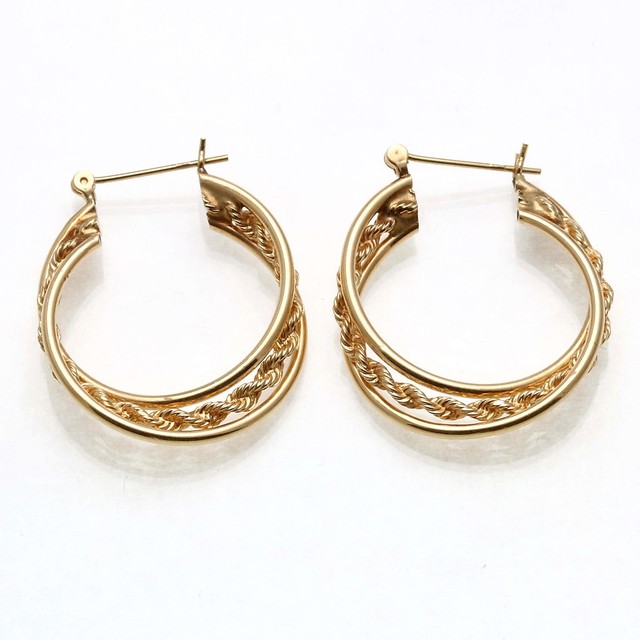 Vintage 14k yellow gold triple hoop rope chain earrings Estate eBay