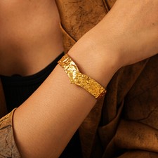 2 Colors Woman 18K Gold Plated Texture Cuff Opening Bangle Bracelet 15mm Wide