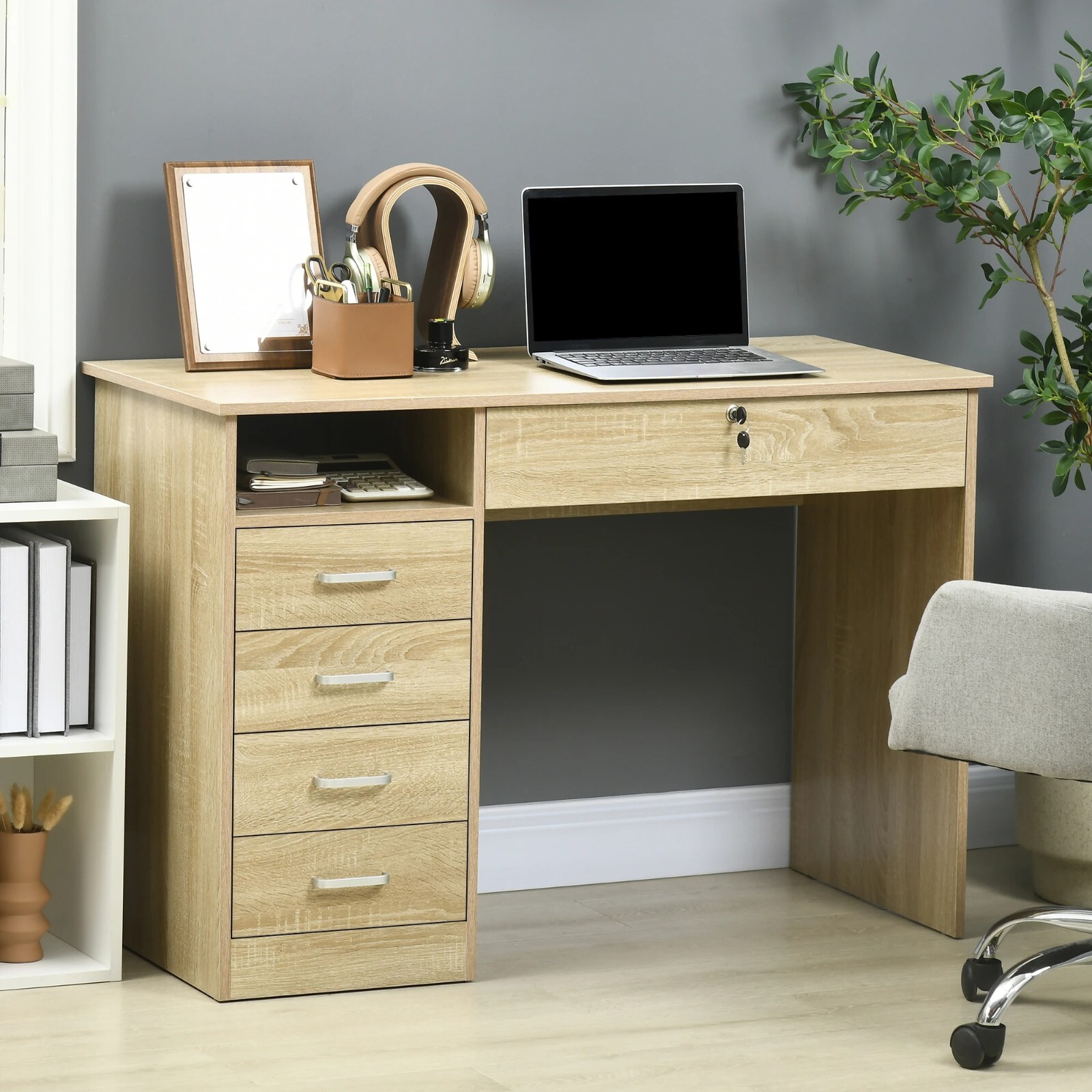 Computer Desk Writing Desk with Five Drawers for Home Office Oak - Image 5