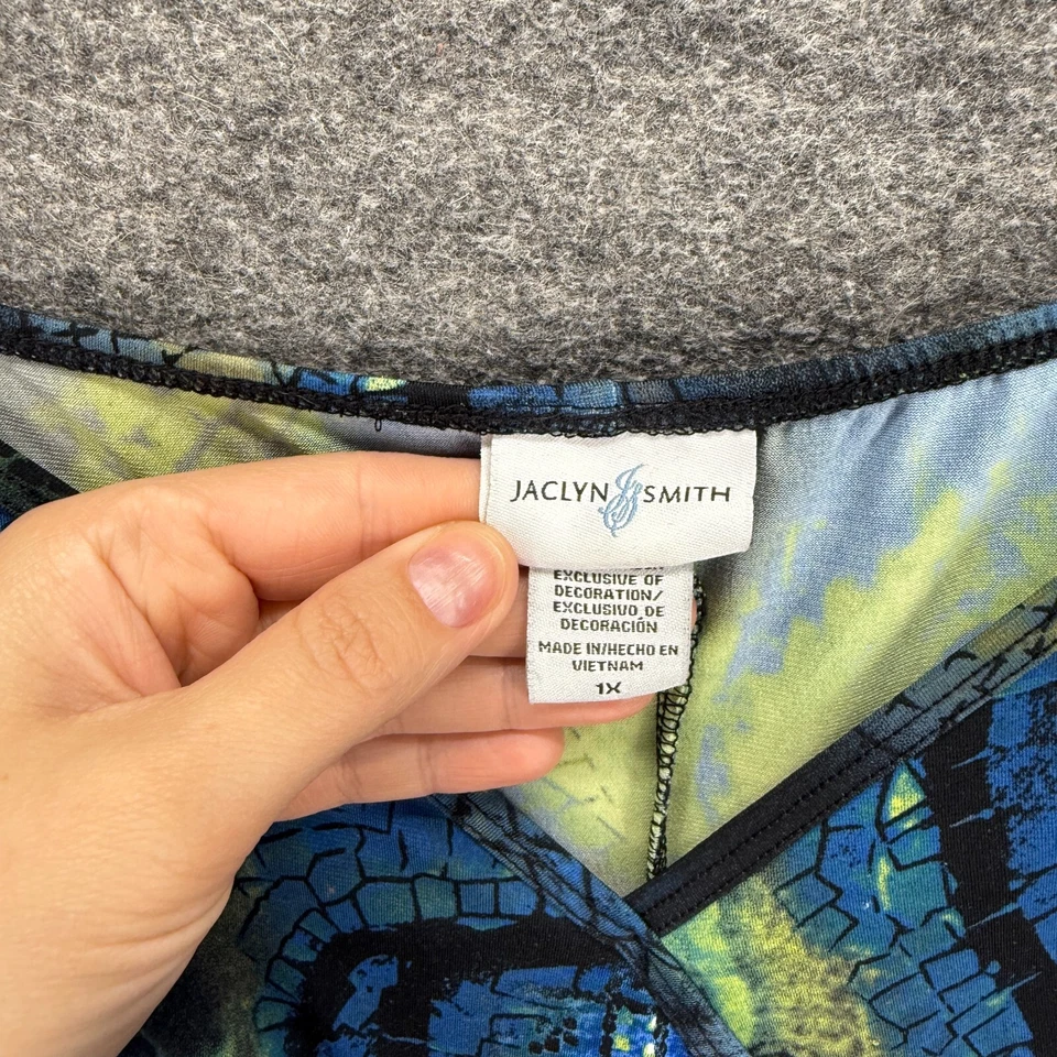 Jaclyn Smith 女式连衣裙 1X Plus 蓝色几何紧身 Midi V 领无袖 — 第 3/4 张图片