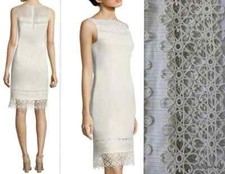 ELIE TAHARI Kallista Sheath Dress Size 10 Lace Trim Linen Ivory Cocktail/Wedding