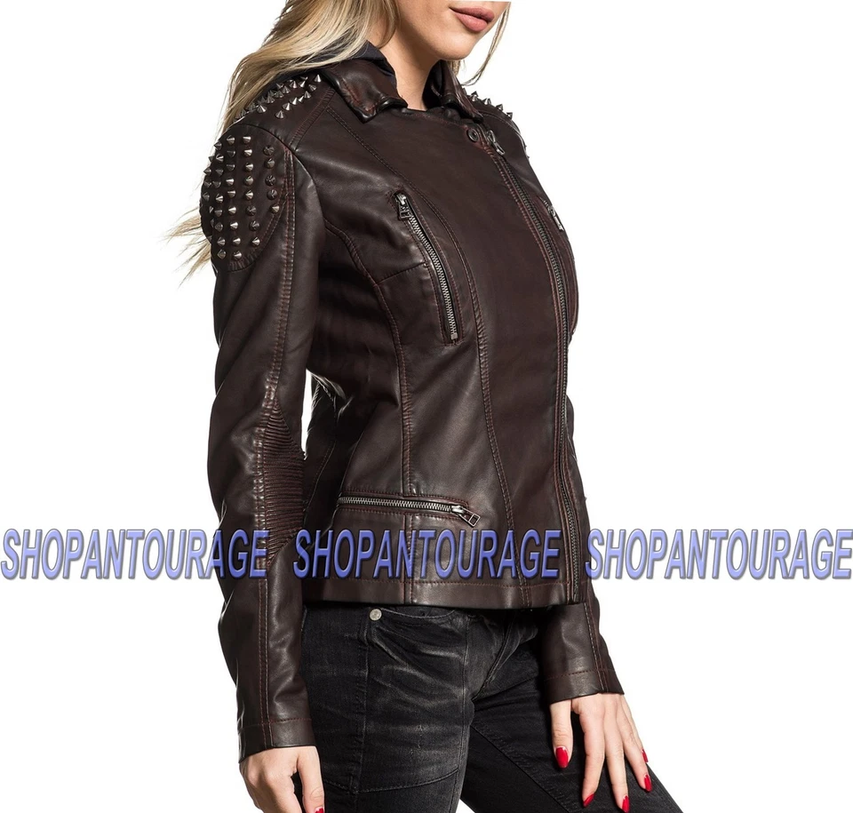 Jaqueta feminina de couro ecológico manga longa Affliction Spiked Out 111OW070 - Imagem 3 de 4
