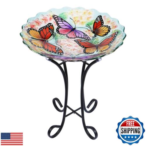 VCUTEKA Glass Bird Bath Outdoor with Metal Stand for Lawn Yard Garden Decor B
