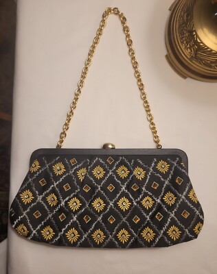 Vintage Talbots Clutch Hideaway Gold Chain Gold Sunflowers Silver Embroidered 