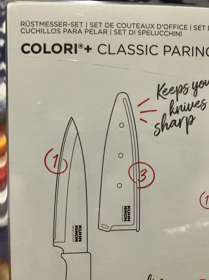 NUEVO JUEGO DE 3 CUCHILLOS DE PELAR KUHN RIKON COLORI DENTADOS Y RECTOS AMARILLO ROJO NARANJA Foto 3 de 4