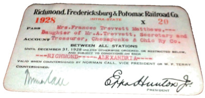 1928 RF&P RICHMOND FREDERICKSBURG & POTOMAC EMPLOYEE PASS #X20