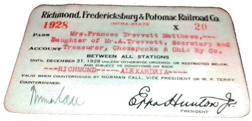 1928 RF&P RICHMOND FREDERICKSBURG & POTOMAC EMPLOYEE PASS #X20