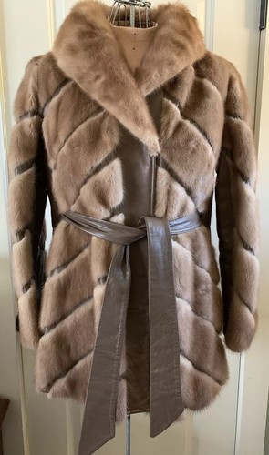 Nerz Pelz Lederjacke Mantel mit Gürtel Damen braun Größe 12-14 - Bild 1 von 22