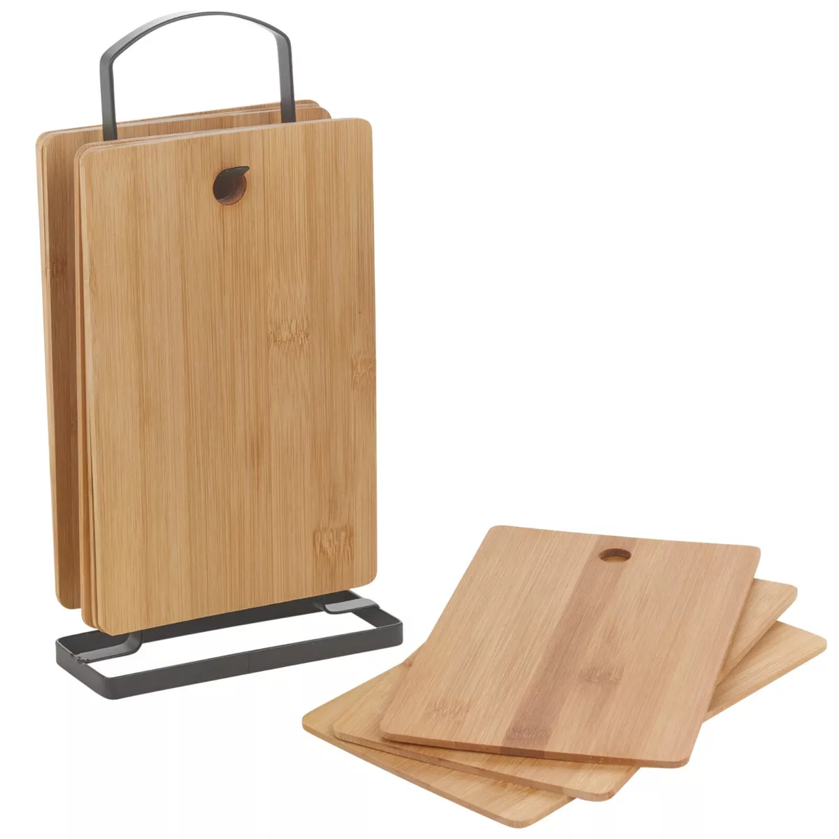 7 Piece Small Wooden Bamboo Kitchen Chopping Cutting Board Set Black Metal Stand