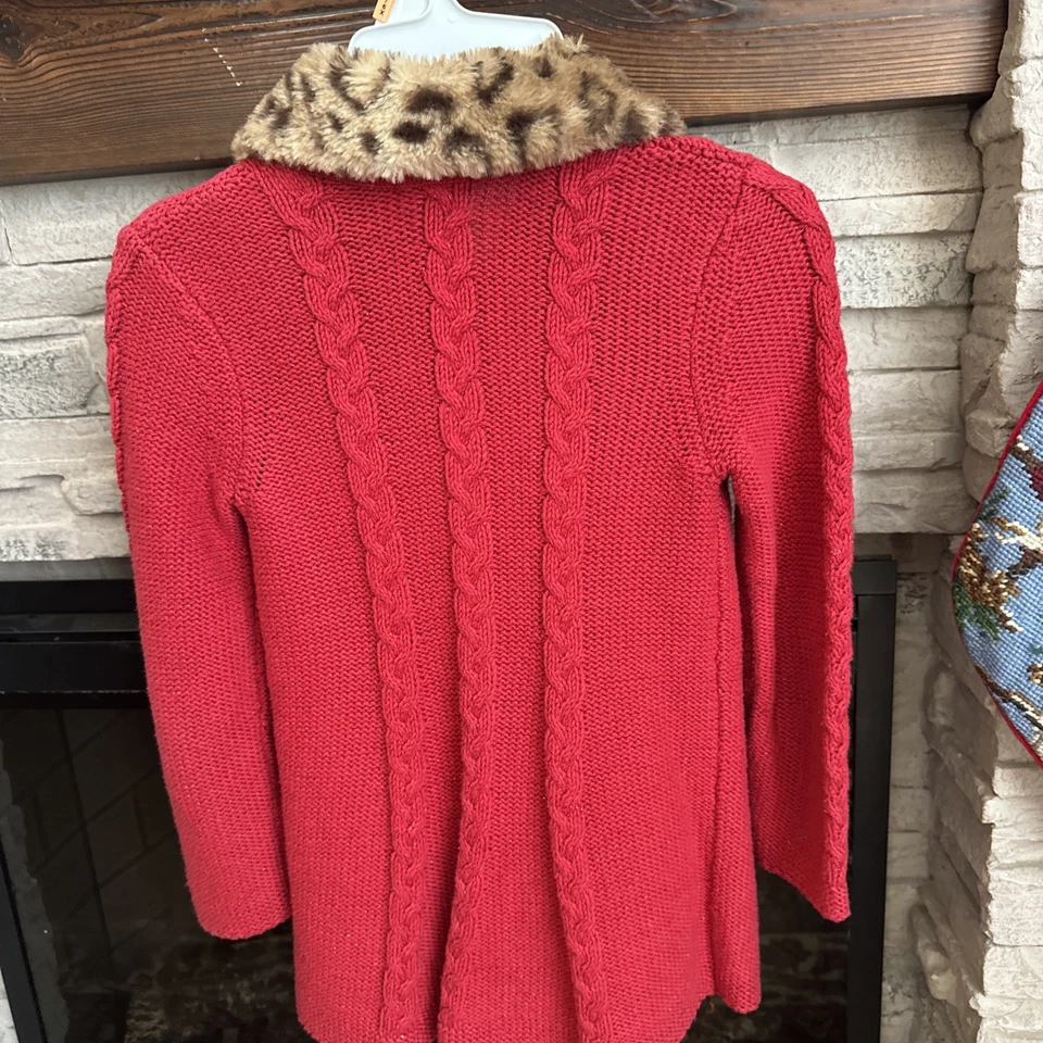 Max Studio Kids Christmas Sweater Girls M 5-6 Red Sparkle Leopard Faux Fur Purse - Image 3 of 4