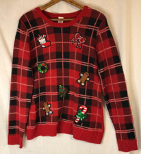 Ugly Christmas Sweater Red Plaid Sequin Gingerbread Candy Cane Size LG Holiday