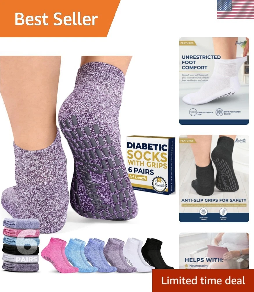6 Pairs Diabetic Ankle Socks for Men & Women with Grips - 12 Colors Neuropath...