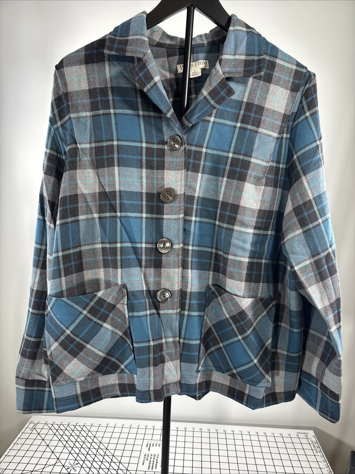 Pendleton Blue/ Gray Plaid Virgin Wool Button Up … - image 1