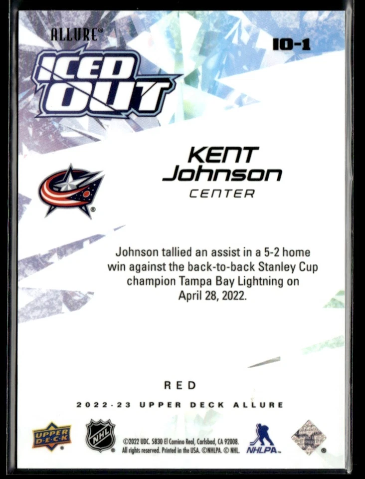 2022-23 Upper Deck Allure Iced Out Cracked Ice Kent Johnson Rookie 001/299 #IO-1 - Image 2 of 2