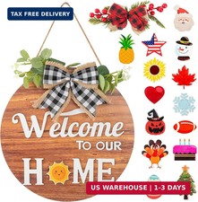 Interchangeable Seasonal Welcome Sign Front Door Decor, Rustic Round Wood Wreath
