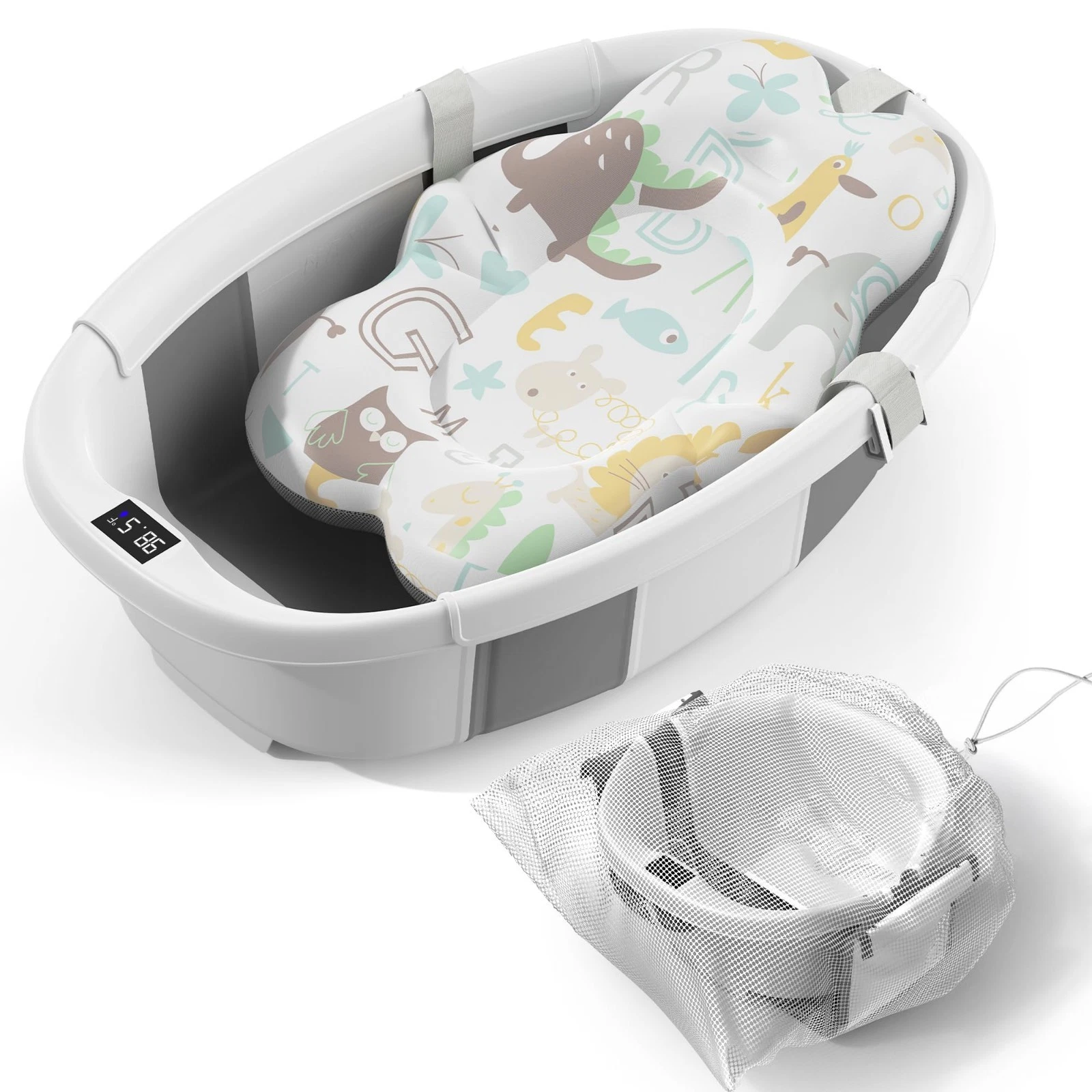 Portable Collapsible Baby Bathtub with Thermometer & Cushion - Foldable Infant B