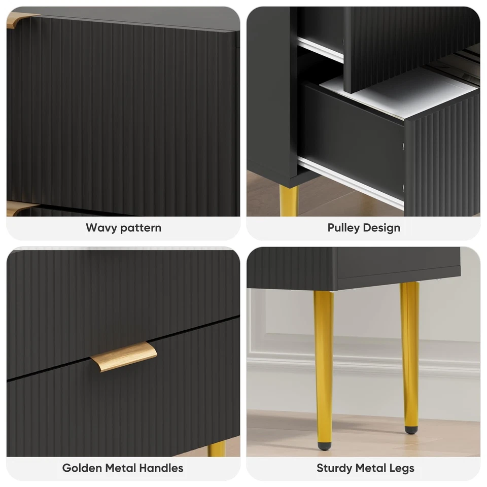 Тумбочка, черная и золотая тумбочка с рифленой панелью, прикроватный столик с... - Изображение 3 из 4