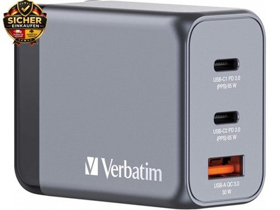 GaN Charger 65 W, 3 Ports USB-C Ladegerät, Power Adapter mit 2 x USB-C und 1 x 