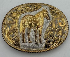 Crumrine Horse Western Cowboy Cowgirl Vintage Belt Buckle 22K Gold ON Sterling