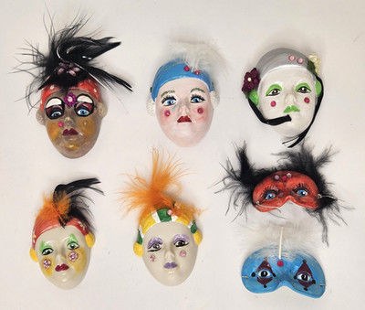 Handmade Folk Art Painted Face Masks Ornaments Feathers Gems Lot of 7 VTG Style