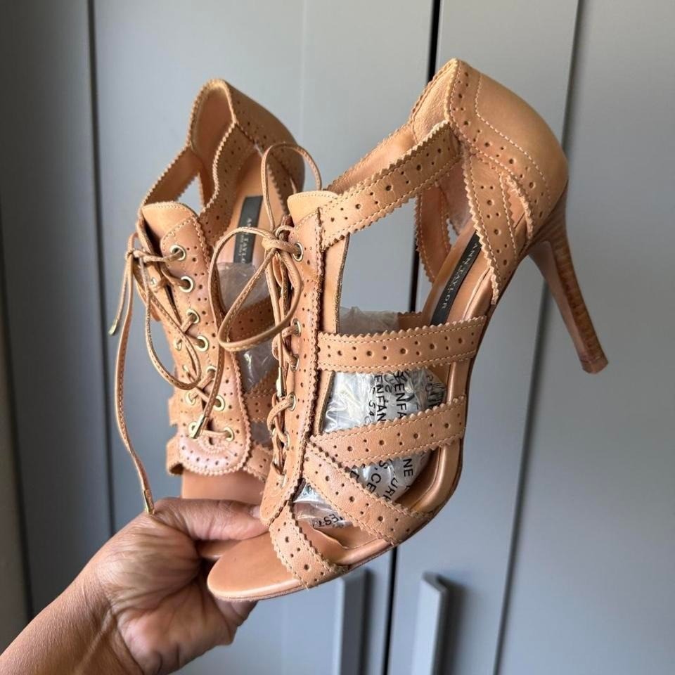 Ann Taylor Women's Heels Size 7 Tan Leather Lace Up Cutout Heeled Sandals