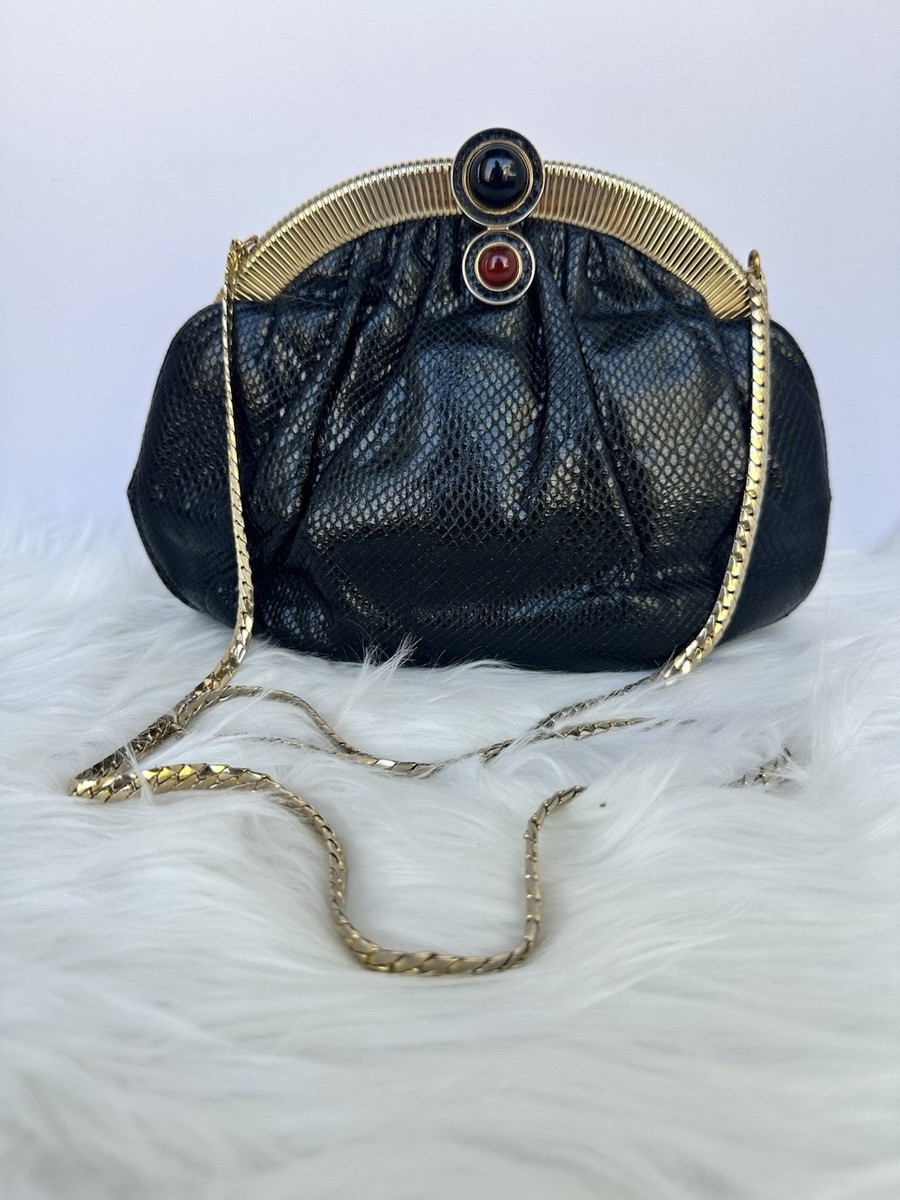Vintage Judith Leiber Exotic Lizard Skin Clutch Bag Gold Chain