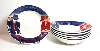 Vintage Sango Cafe  Americana '98 Oval Soup/Salad Bowls Set of 6 Art Deco Retro