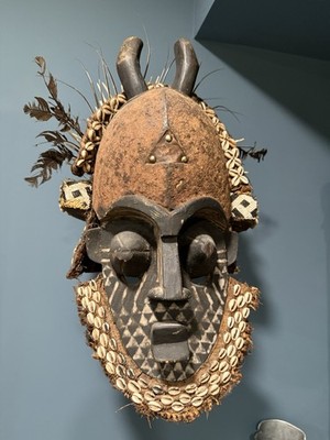 African Tribal Mask w/ Cowrie Shells, Horns & Feathers   Hand Carved Ceremonial