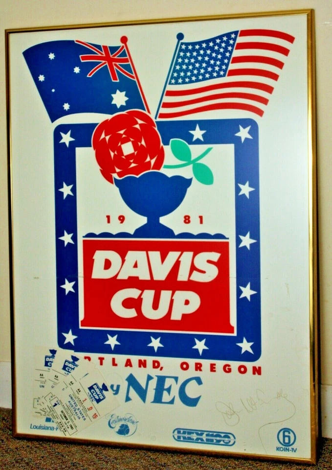  Póster de tenis Davis Cup 1981 Portland or, entradas, firmado MacEnroe 18x24 enmarcado Foto 2 de 4
