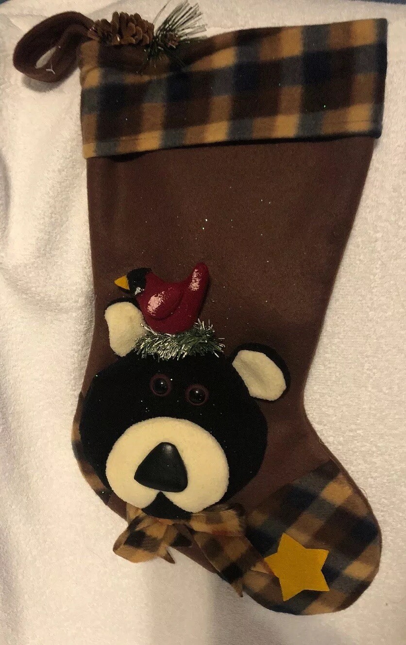 Brown Bear Cardinal Plaid 3D Christmas  Stocking Plush Lodge Decor Pine Cone