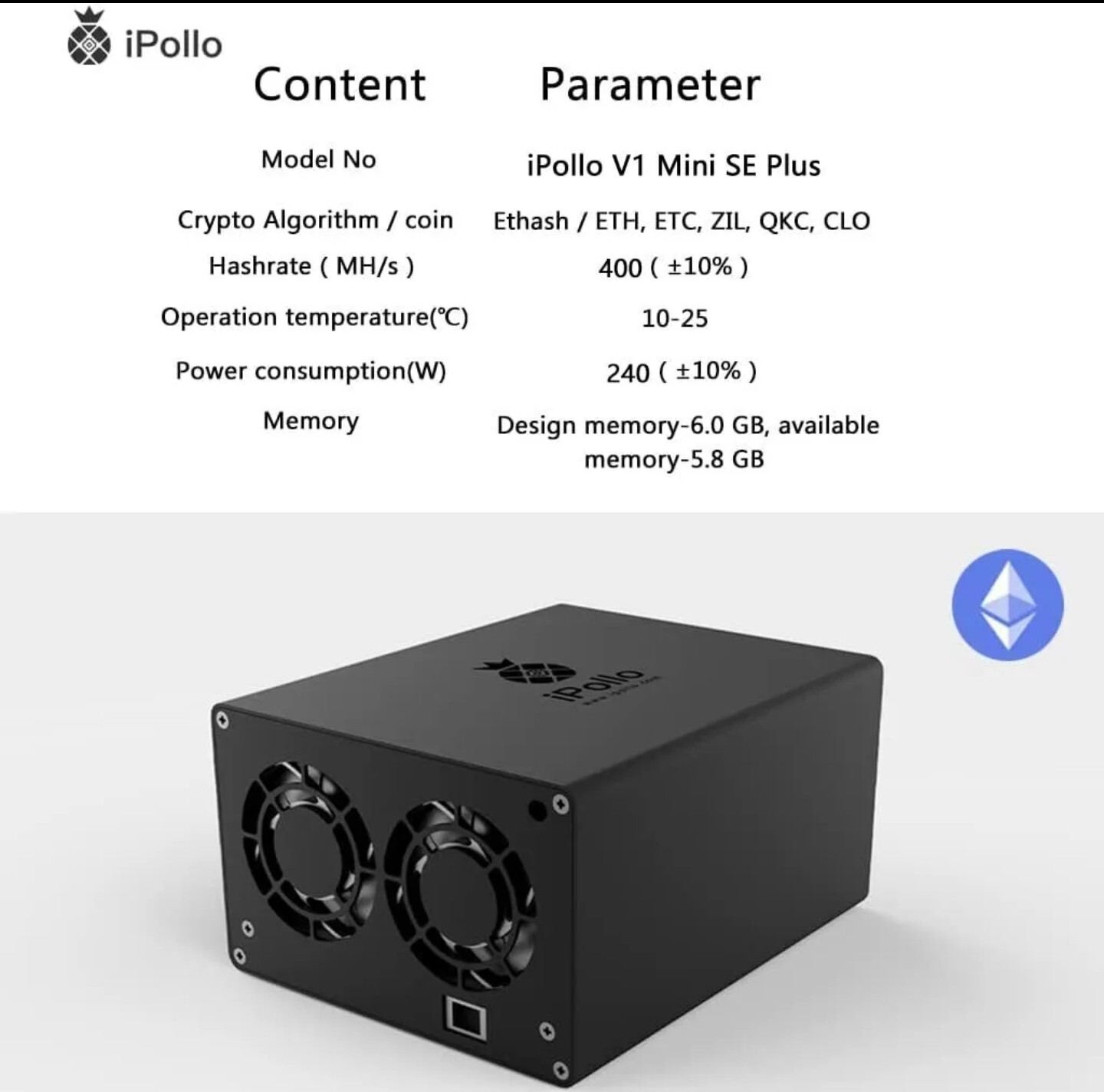 Used iPollo V1 Mini SE Plus Miner 400MH/s 240W with PSU Ready to Ship