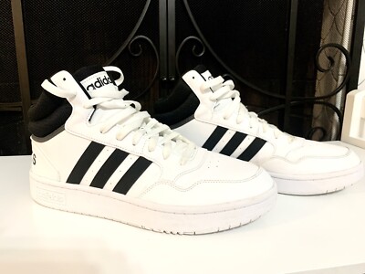 Size 10.5 - Adidas Hoops Mid White Black -- Great Condition