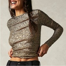 FREE PEOPLE Gold Rush Long Sleeve Gold Sequin...