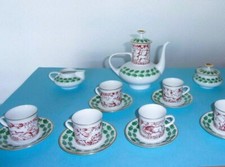 PORZELLAN-MOKKA-ESPRESSO-SERVICE-JÄGER-JAGD-JAGDMOTIVE-EICHENBLATT- MIT 6 TASSEN