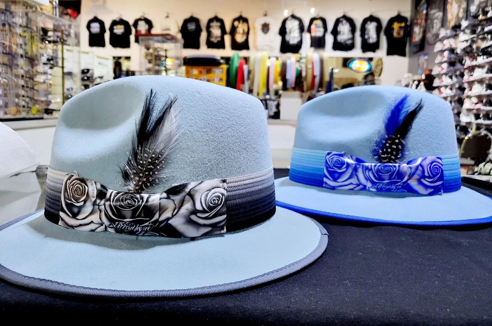 Freddie Negrete Blue Wool Lowrider Brim Fedora Hat Rose Roses