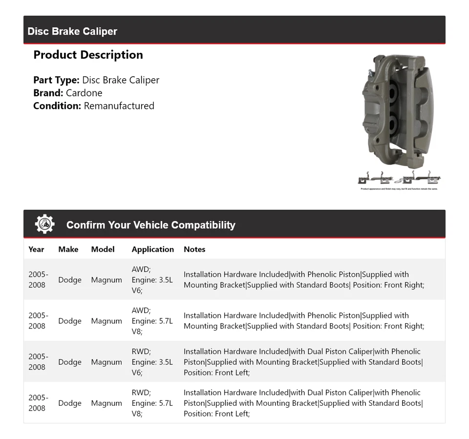 Pinza de freno de disco Cardone 2006 2007 para Dodge Magnum 2005-2008 Foto 2 de 4