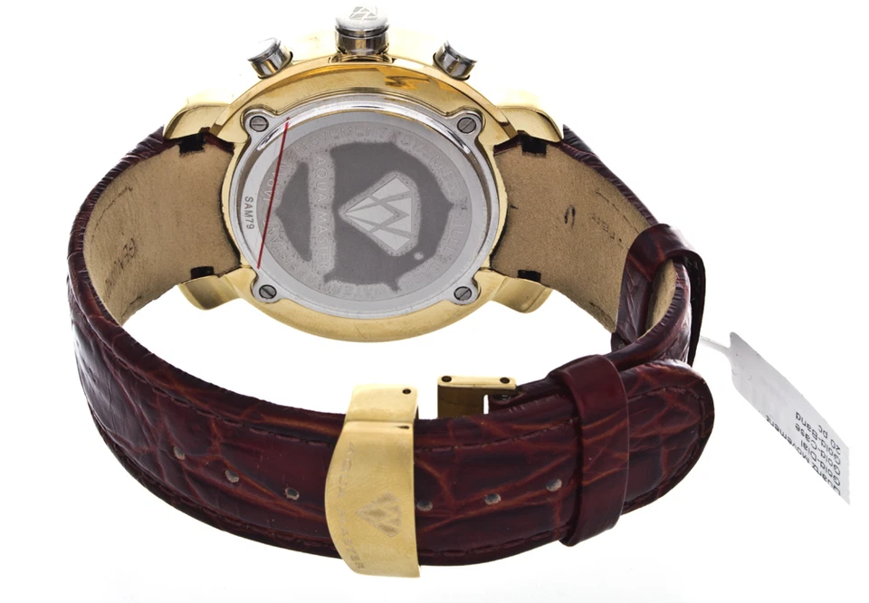 Reloj Aqua Master Para Hombre Bisel Dorado Banda Borgoña Correa Cuero W#96 Foto 2 de 2