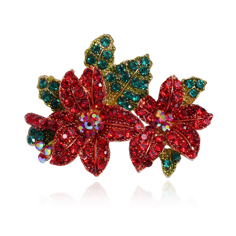 Women Red Green Crystal Leaf Floral Brooch Pin with Enamel Detailing  