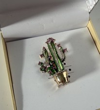 New! Charter Club Cactus In Planter Pin Green & Pink Crystals On Gold Tone 2.2?