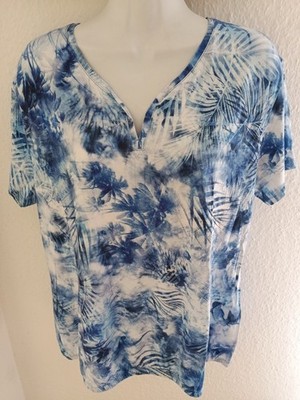 Rabe Damen T-Shirt Tunika Größe 42 Blau Weiß Muster Viskose Elastan Top Zustand