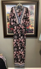 Express Women’s Sz S Kimono Sleeve Maxi Dress Black Floral Front Slit Chiffon
