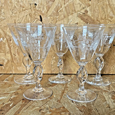5 x Vintage Grape Vine Design Etched Crystal Twist Stem Wine Glass 12cm